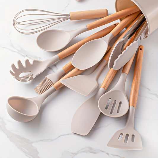 12pcs Silicone Cooking Utensils Set With Wooden Handle
